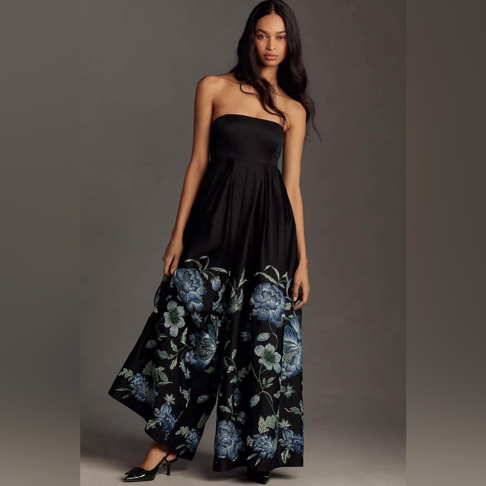 Anthropologie Hutch Dramatic Strapless Embroidered Wide-Leg Jumpsuit